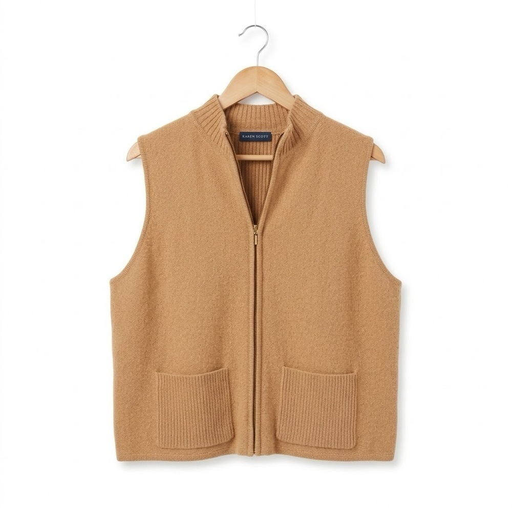 100% Wool Camel Tan Neutral Classic Zip Up Vest with Pockets Women’s Size XL